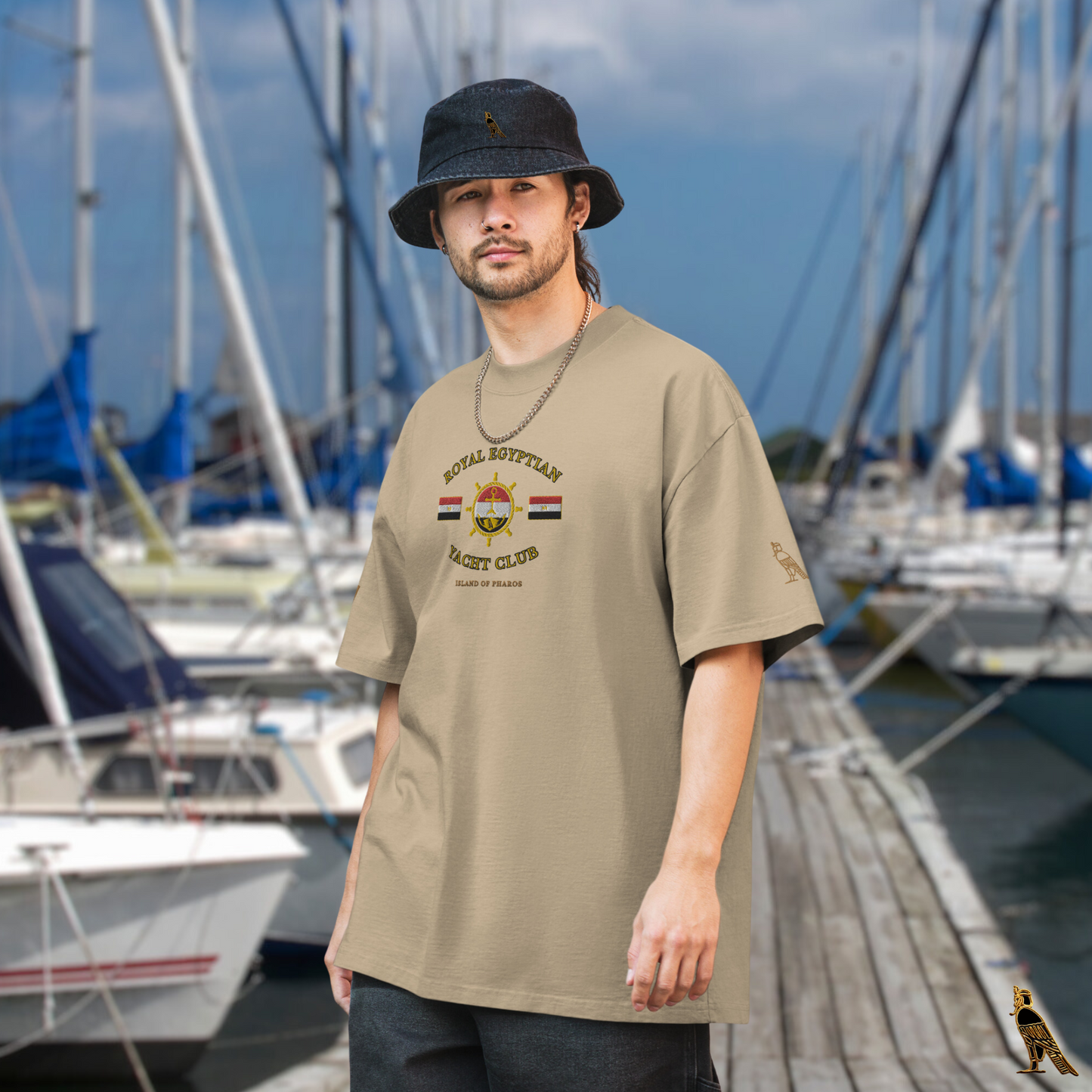 Unisex Oversized Faded T-shirt | Royal Egyptian Yacht  Club (Embroidered 'Helm' Logo)