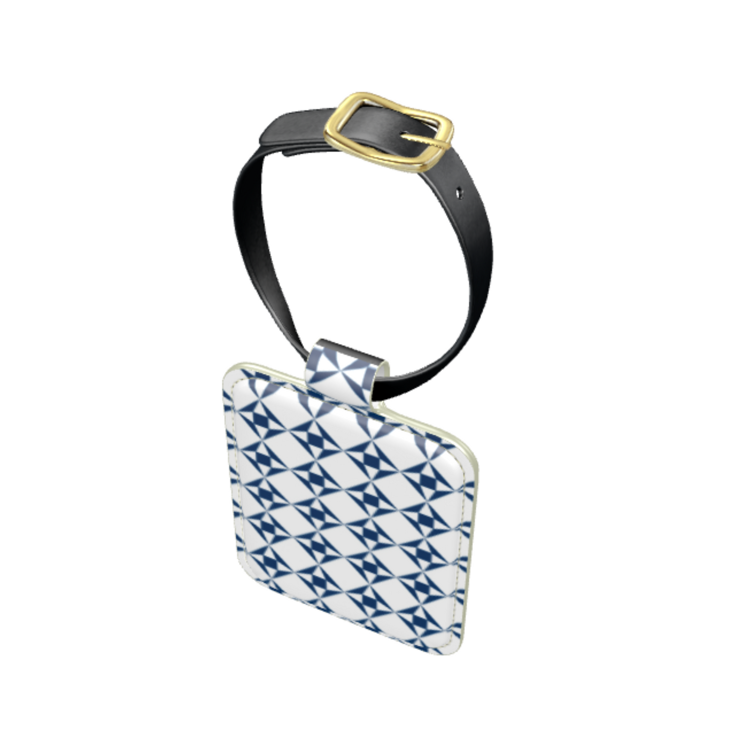 100% Nappa Leather Luggage Tag | White & Navy Geo Pattern