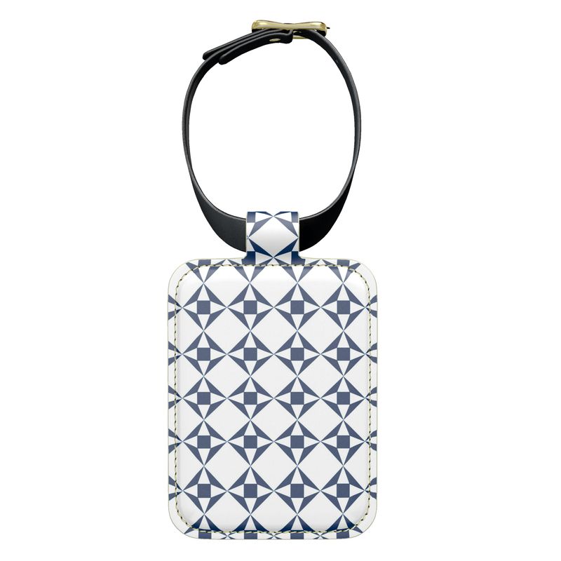 100% Nappa Leather Luggage Tag | White & Navy Geo Pattern