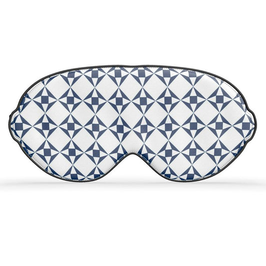 Pure Silk Satin Eye Mask | White & Navy Geo Pattern