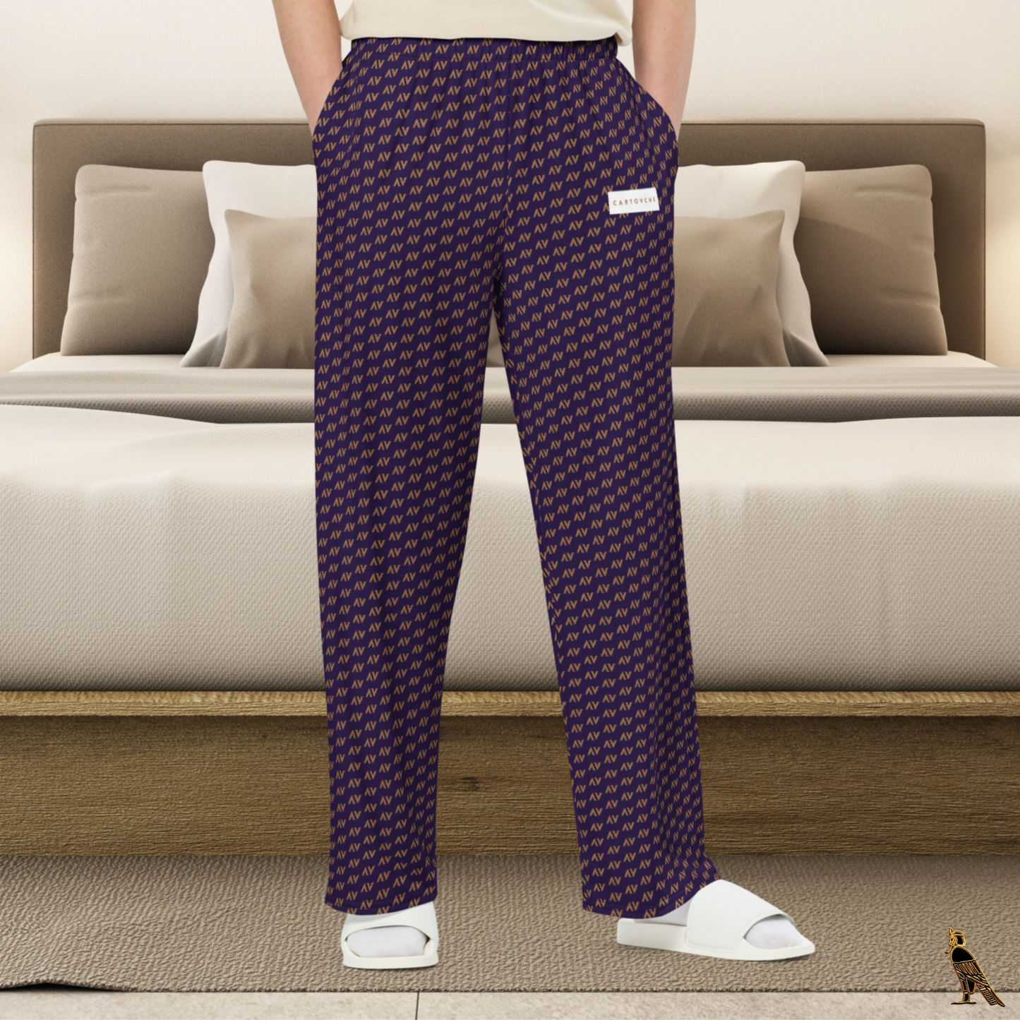 Navy Lounge Pants - All-Over Gold 'AV' Logo | Loungewear