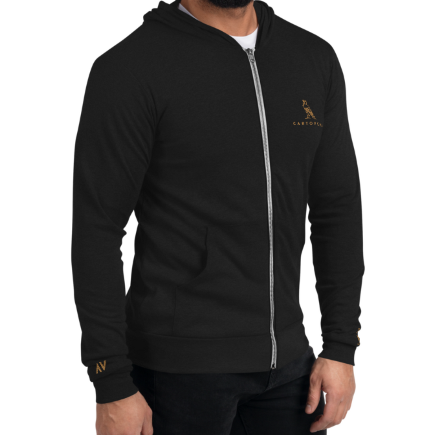 Men's Embroidered Zip-Up Lightweight Hoodie (Solid Triblend Black)