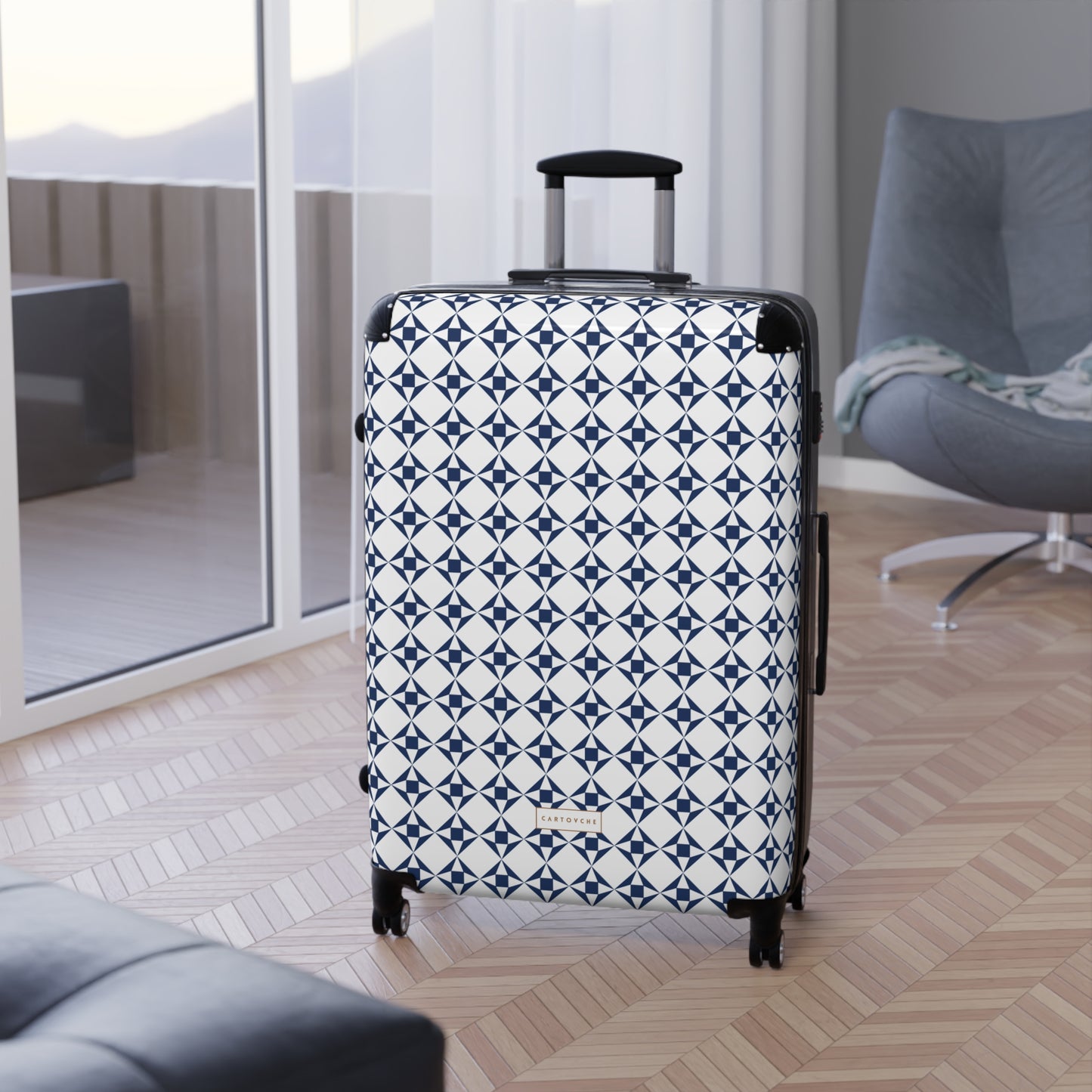 Suitcase | White and Navy Geo Pattern