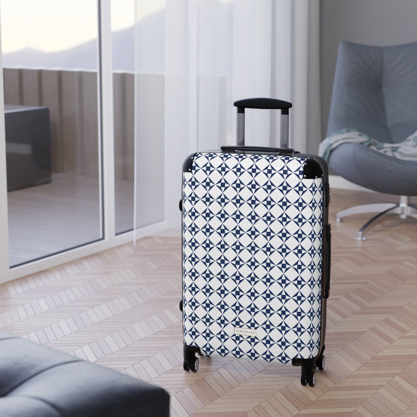 Suitcase | White and Navy Geo Pattern