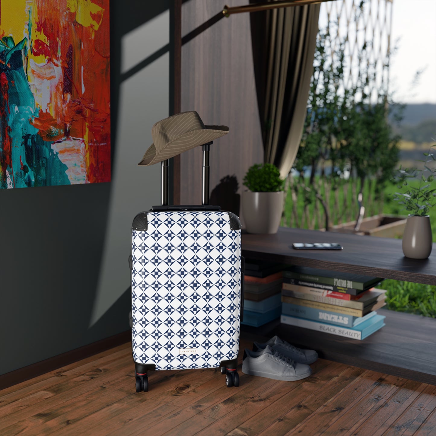 Suitcase | White and Navy Geo Pattern