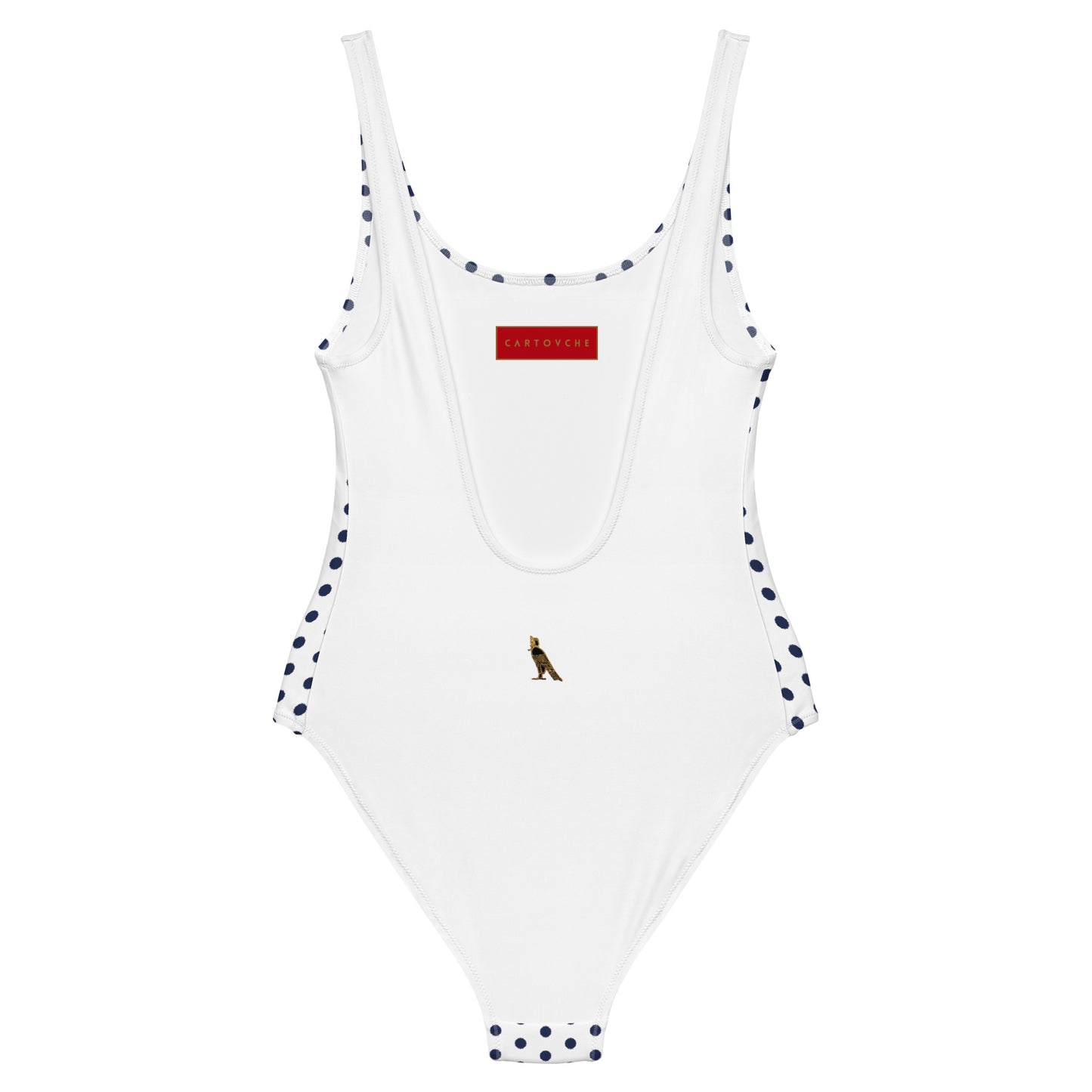 One-Piece Swimsuit (White with Navy Blue Polka Dots)