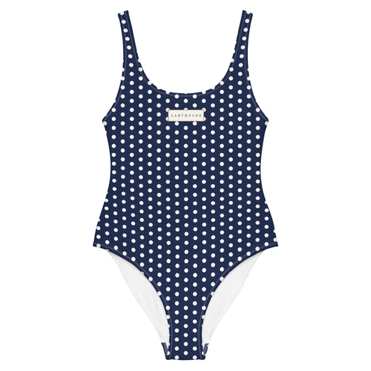 One-Piece Swimsuit (Navy Blue with White Polka Dots)