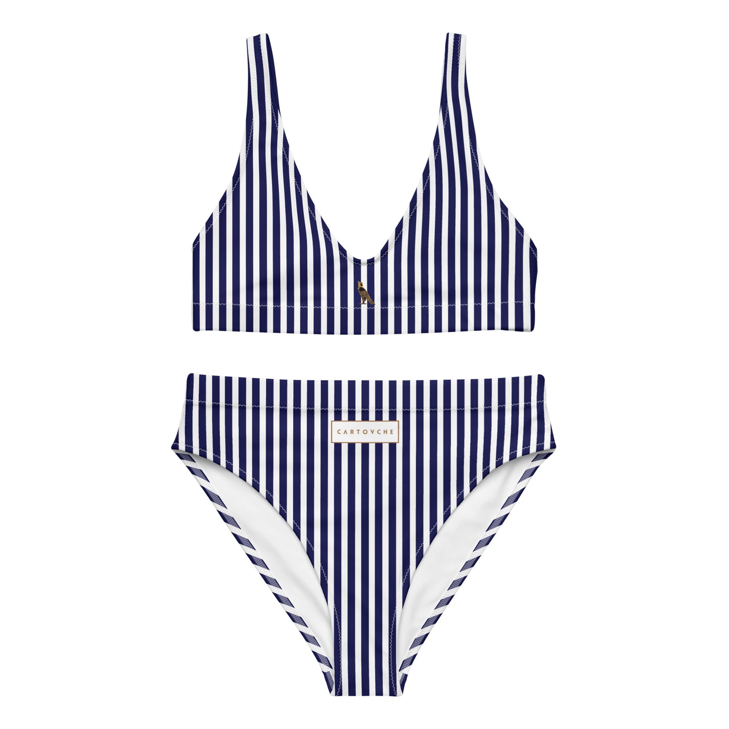 High-Waisted Bikini Set (Navy Blue & White Stripe - Vertical)