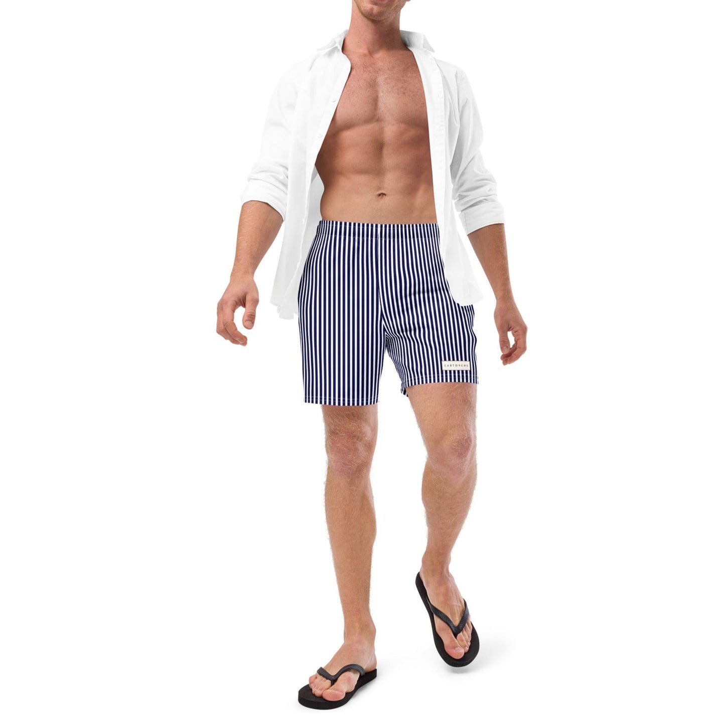 Men's Swim Trunks - White Label Logo (Blue & White Stripe)