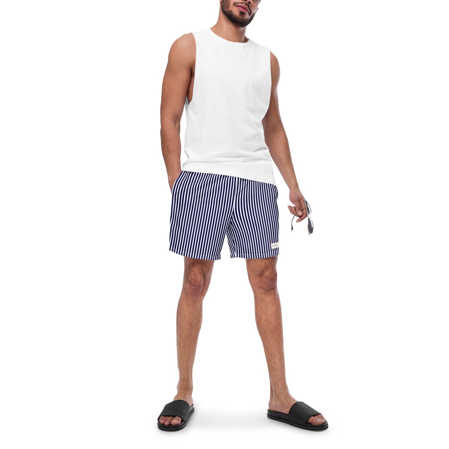 Men's Swim Trunks - White Label Logo (Blue & White Stripe)