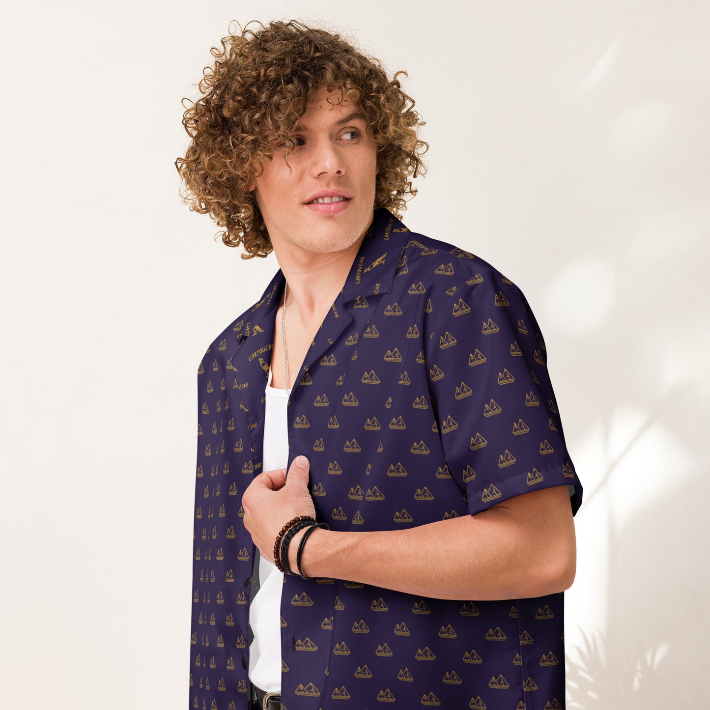 Gold Pyramid Icons Pattern | Vacation Shirt (Navy)