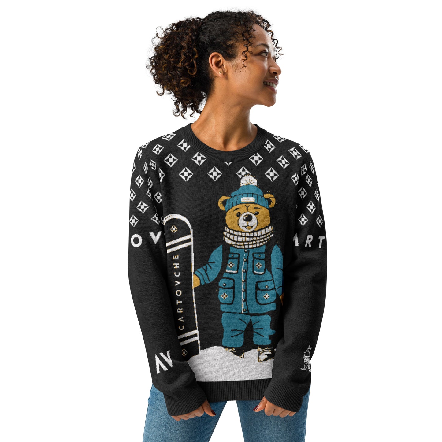 Women's Knitted Crew Neck Sweater | Snowboarder Bear