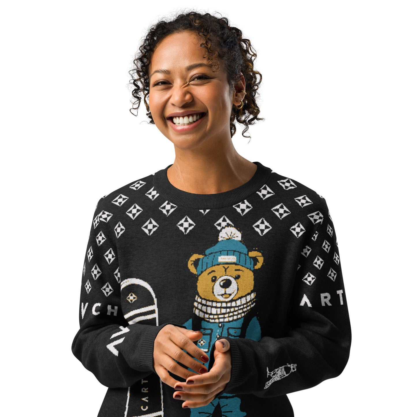 Women's Knitted Crew Neck Sweater | Snowboarder Bear