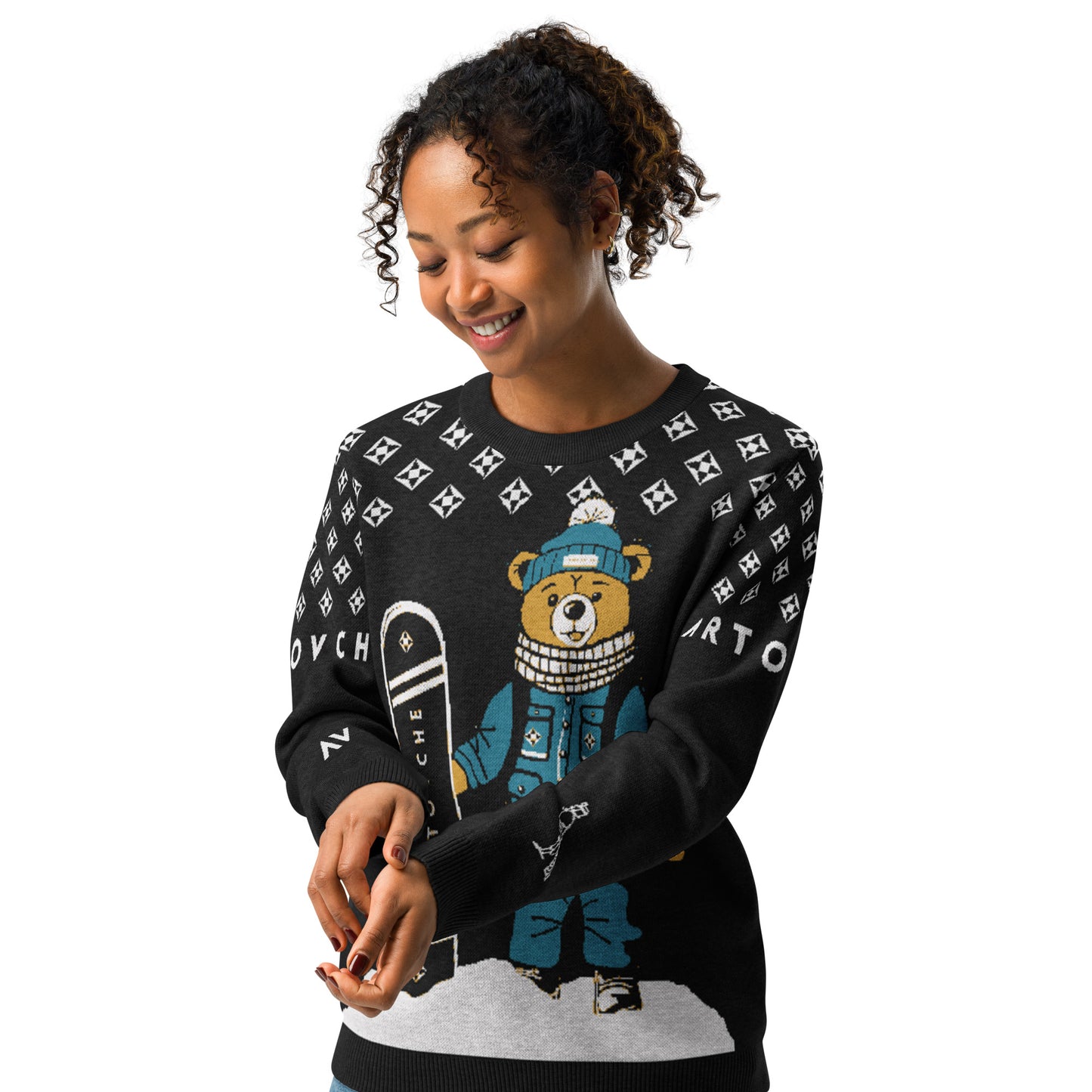 Women's Knitted Crew Neck Sweater | Snowboarder Bear