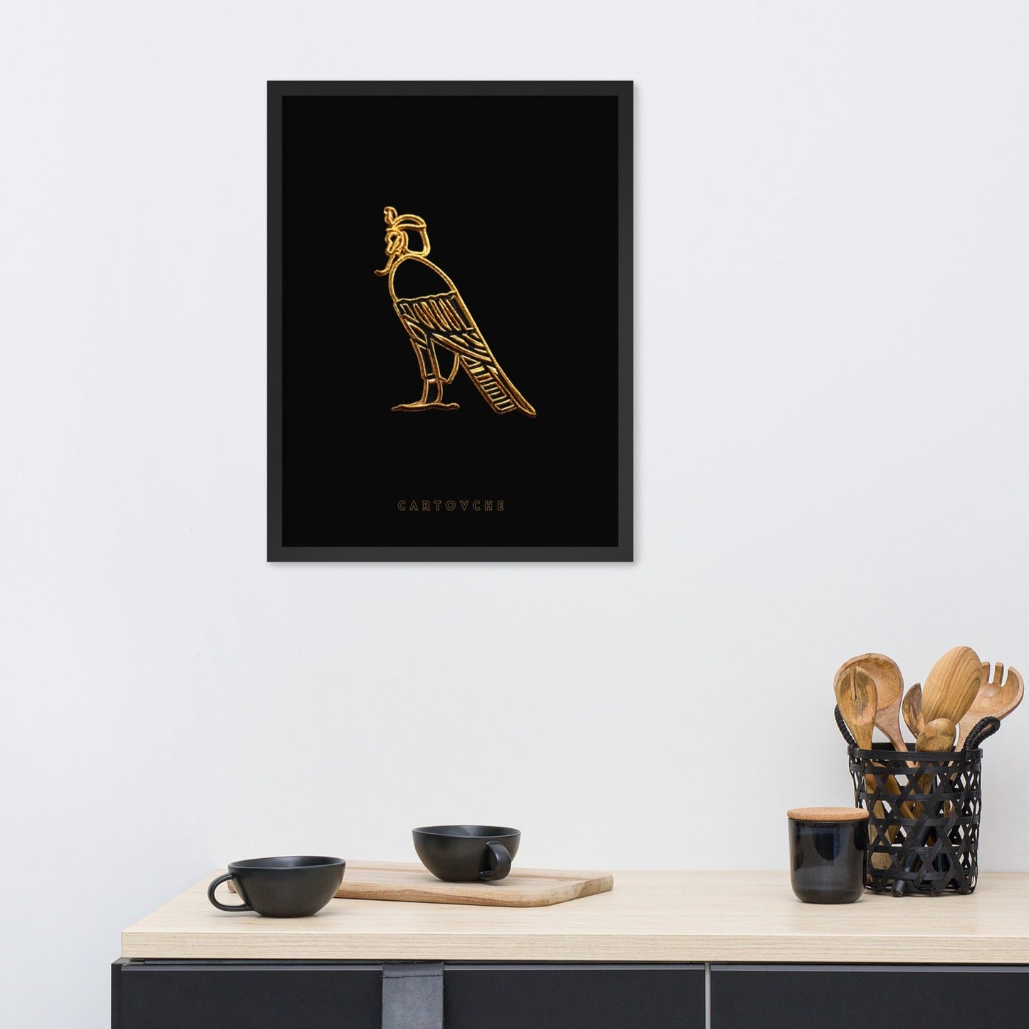 'Cartouche Horus Gold Thread (Black on Black)' | 18" x 24" Wood Framed Poster