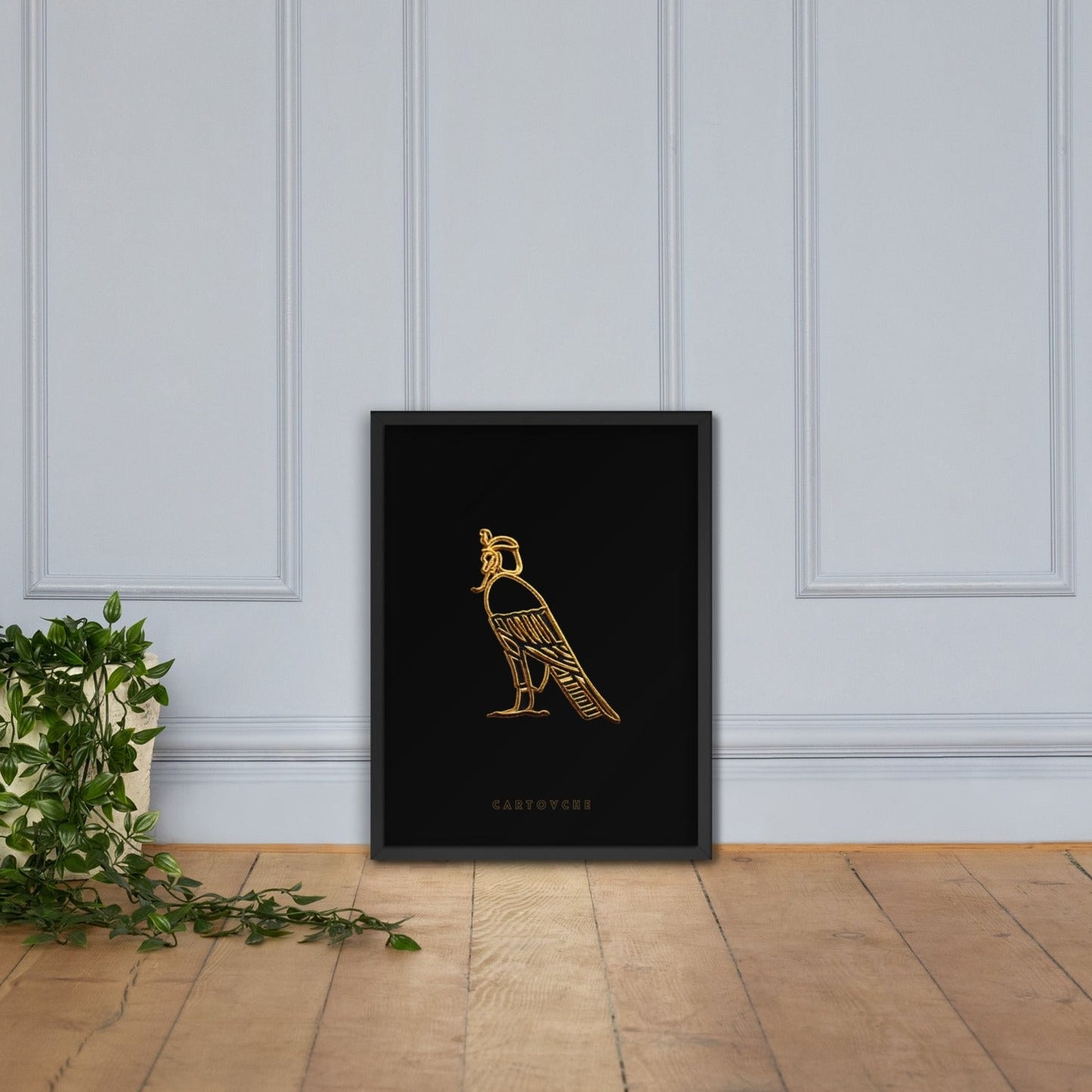 'Cartouche Horus Gold Thread (Black on Black)' | 18" x 24" Wood Framed Poster