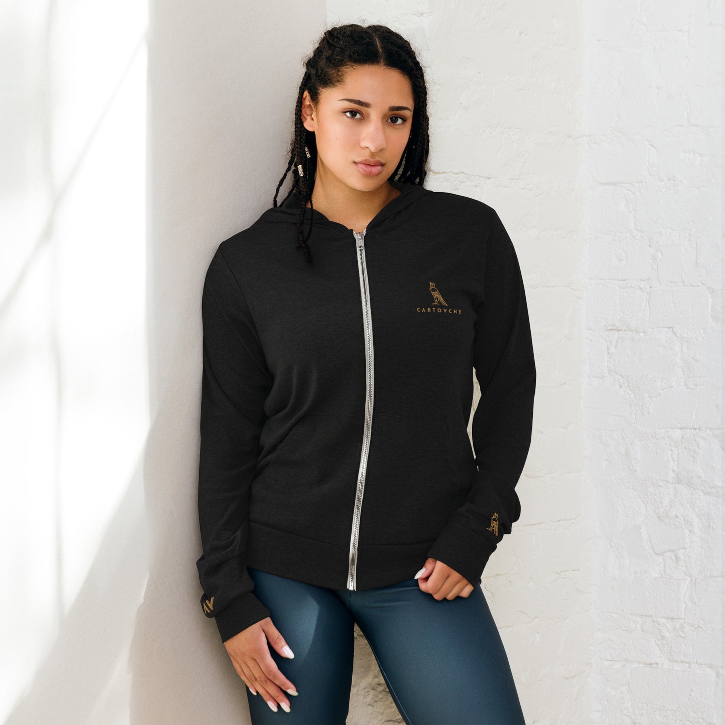 Women's Embroidered  Zip Up Lightweight Hoodie (Solid Triblend Black)