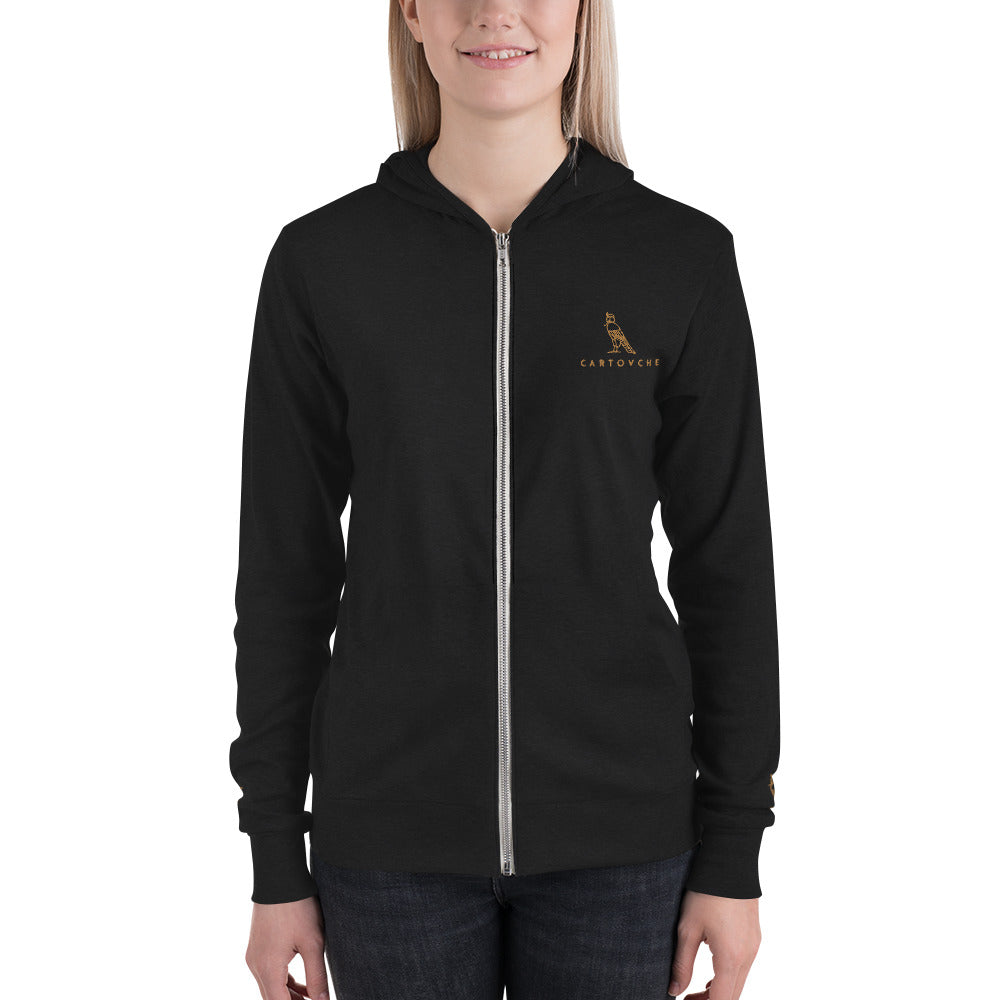 Women's Embroidered  Zip Up Lightweight Hoodie (Solid Triblend Black)