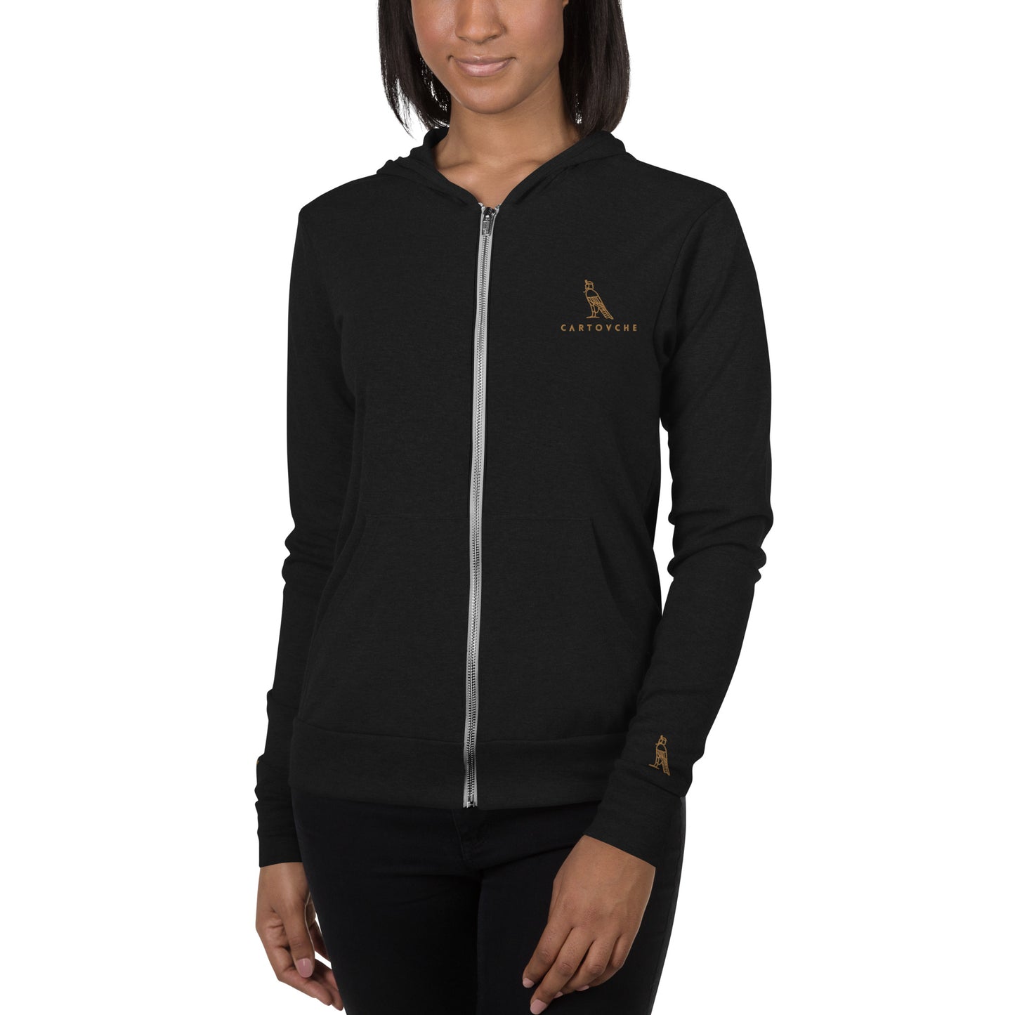 Women's Embroidered  Zip Up Lightweight Hoodie (Solid Triblend Black)