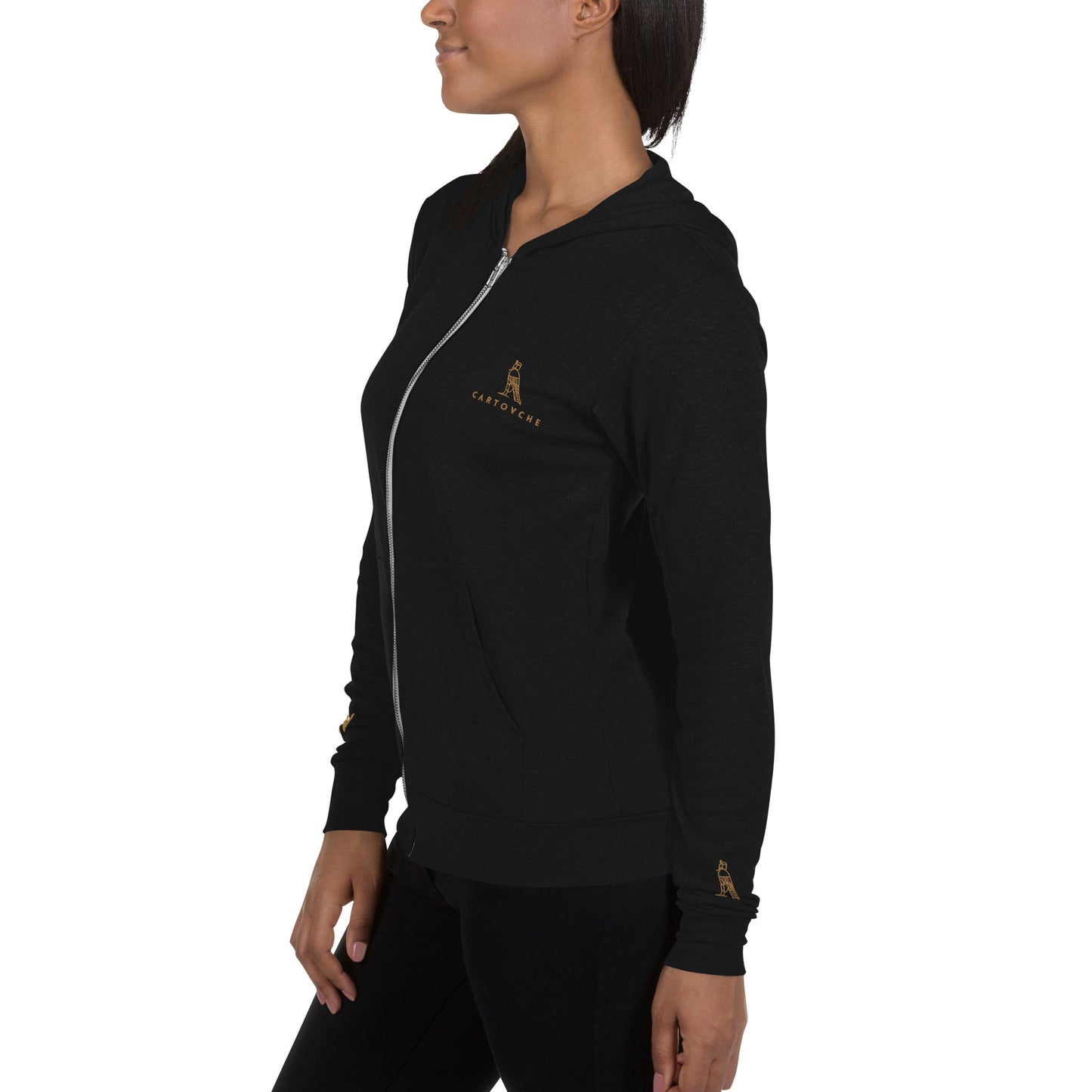 Women's Embroidered  Zip Up Lightweight Hoodie (Solid Triblend Black)