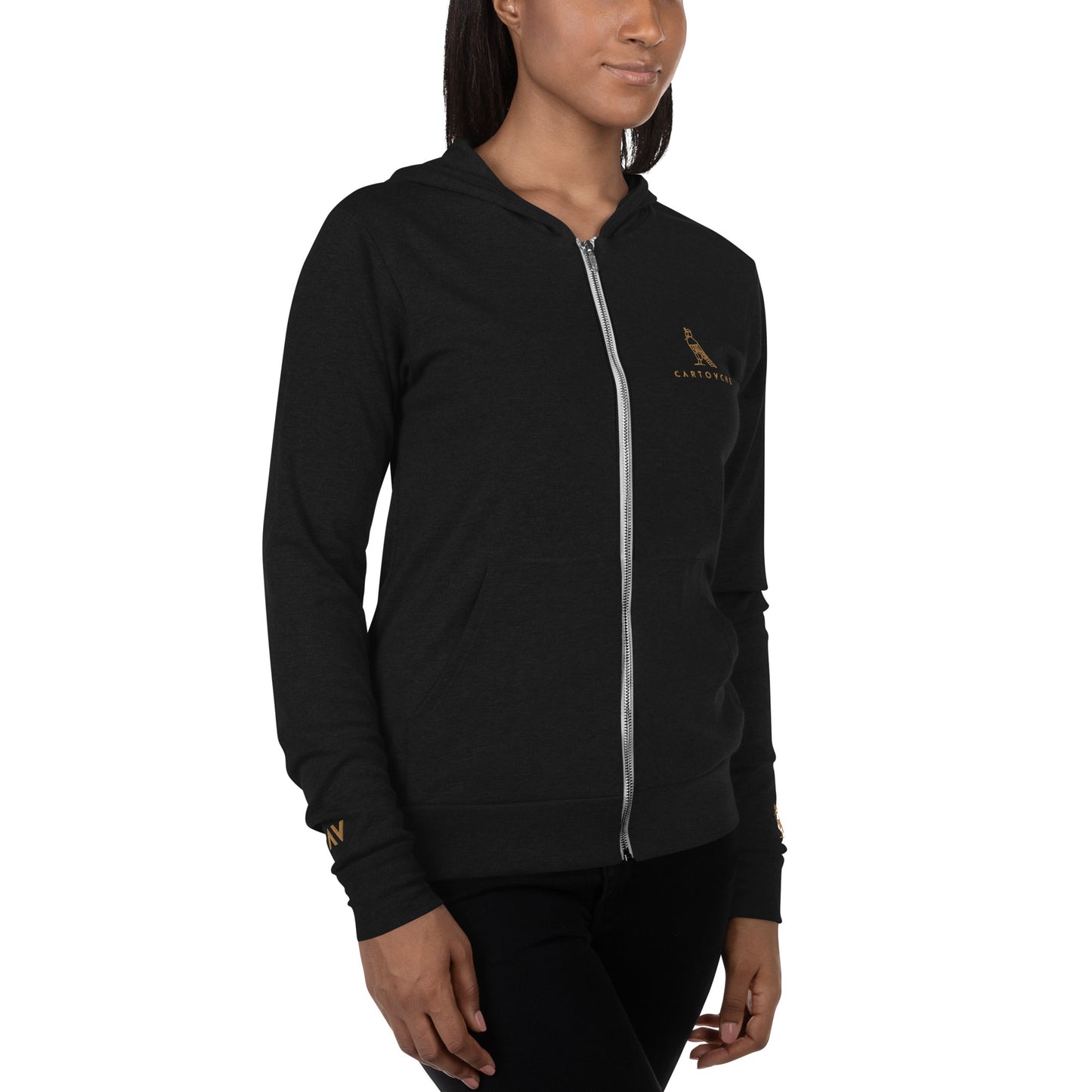 Women's Embroidered  Zip Up Lightweight Hoodie (Solid Triblend Black)